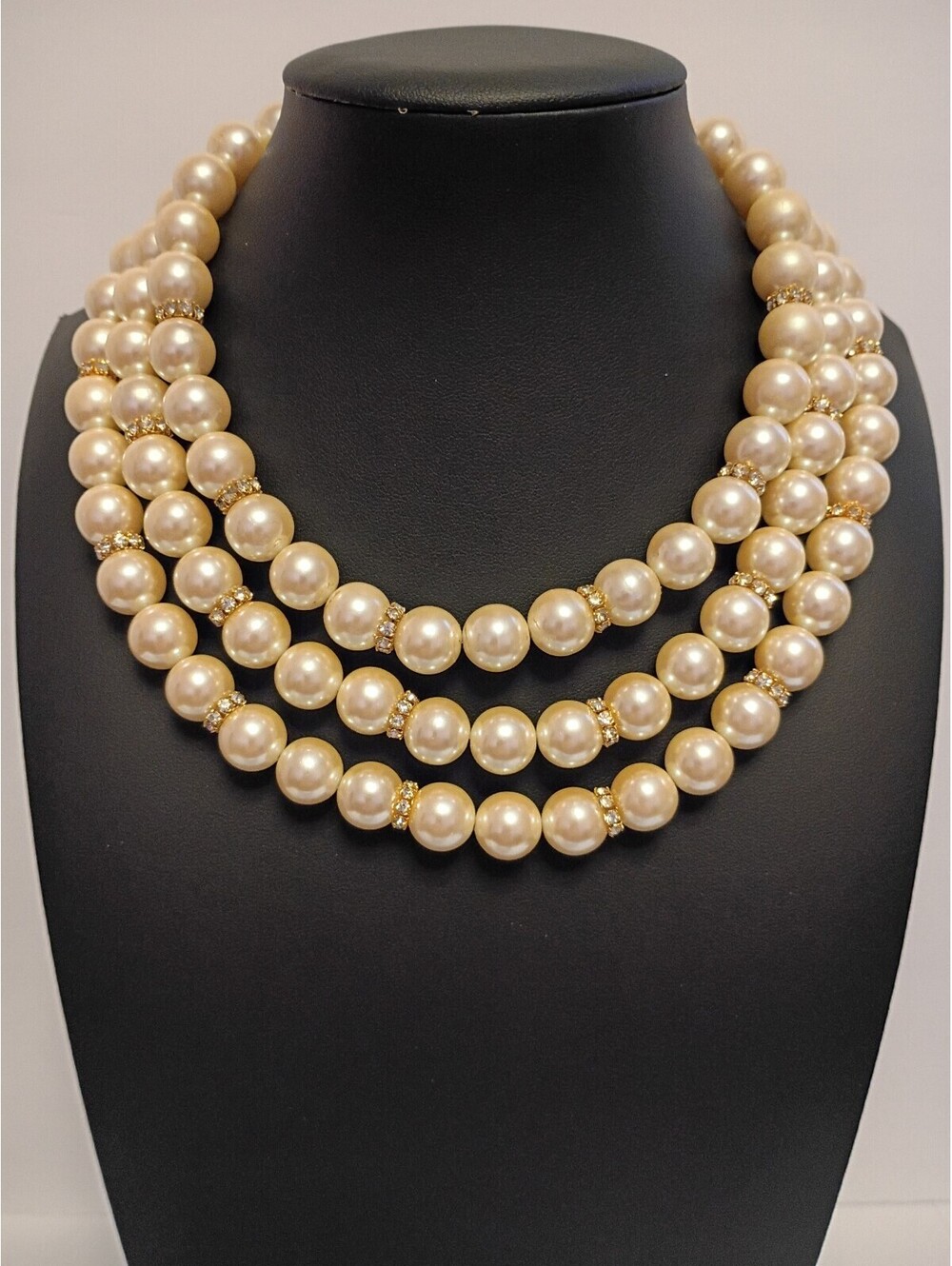 Vintage Classic Look Triple Strand Faux Pearl Necklace w Gold Rhinestone Spacers
